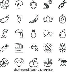 thin line vector icon set - garden trolley vector, carrot, mint, squash, rose hip, tasty cornels, delicious plum, guava, ripe pepper, peas, mashroom, broccoli, eggplant, radish, pumpkin, manufacture