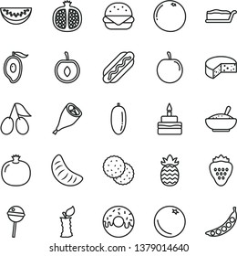 thin line vector icon set - cheese vector, Hot Dog, big burger, cake slice, birthday, glazed with a hole, bowl of rice porridge, grill chicken leg, Chupa Chups, strawberry, biscuit, orange, half