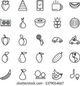 thin line vector icon set - stacking toy vector, cucumber, cup of tea, apple, pear, mint, strawberry, water melon, mango, slice, kiwi, sour lime, ripe guava, pepper, hot, onion, peas, planet Earth