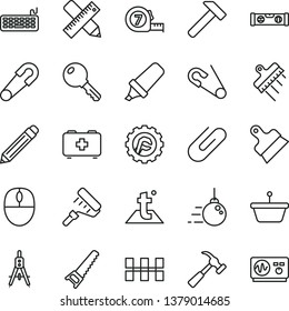 thin line vector icon set - graphite pencil vector, safety pin, open, bag of a paramedic, big core, hand saw, long meashuring tape, paint roller, building level, writing accessories, ceramic tiles