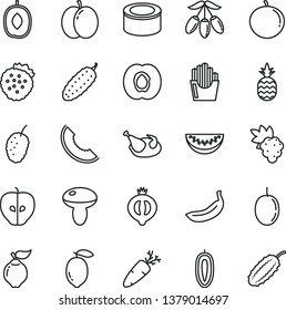 thin line vector icon set - canned goods vector, mushroom, chicken, cucumber, carrot, fried potato slices, strawberries, a pineapple, apple, half apricot, grape, quince, tasty, of medlar, mulberry