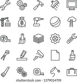 thin line vector icon set - monitor window vector, clean sheet of paper, bath ball, tower crane, adjustable wrench, cordless drill, arm saw, measuring tape, long meashuring, paint roller, wooden