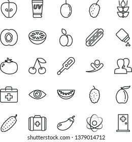 thin line vector icon set - women vector, first aid kit, baby powder, electronic thermometer e, medical bag, eye, Hot Dog, cucumber, tomato, apple, mint, cherry, half apricot, tasty, mulberry, atom