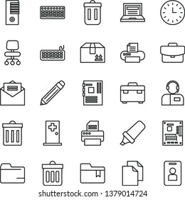thin line vector icon set - laptop vector, bin, graphite pencil, clean paper, folder, bookmark, suitcase, received letter, dust, cardboard box, operator, text highlighter, wall watch, keyboard