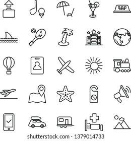 thin line vector icon set - earth vector, plane, train, car baggage, camper, taxi, air balloon, identity card, phone registration, departure, arnchair under umbrella, sun, palm tree, cocktail, hotel