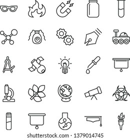thin line vector icon set - jar vector, flask, test tube, microscope, telescope, molecule, glasses, bulb, gears, satellite, bactery, biohazard, pipette, globe, magnet, flame, graduate hat, biology