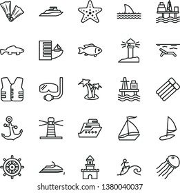thin line vector icon set - anchor vector, small fish, sea port, commercial seaport, lighthouse, coastal, sand castle, sail boat, hotel, beach, palm tree, starfish, flippers, diving mask, surfing