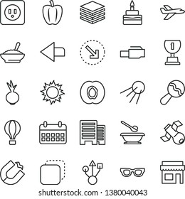 thin line vector icon set - left direction vector, beanbag, plates and spoons, power socket type b, buildings, pile, artificial satellite, copy, right bottom arrow, birthday cake, beet, half apricot
