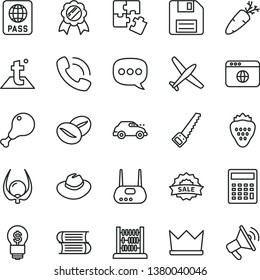 thin line vector icon set - floppy disk vector, hat, calculator, Puzzles, books, abacus, arm saw, temperature, passport, chicken leg, carrot, coffee beans, strawberry, physalis, retro car, sale