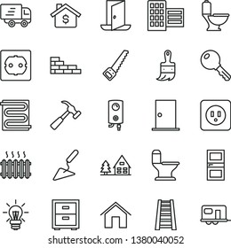 thin line vector icon set - bedside table vector, brick wall, building trowel, arm saw, wooden paint brush, stepladder, toilet, comfortable, power socket type b, f, ntrance door, interroom, boiler
