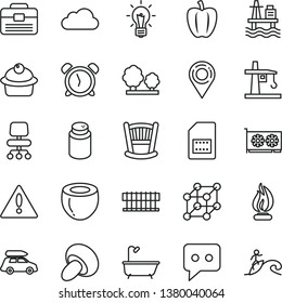 thin line vector icon set - warning vector, alarm clock, cradle, powder, portfolio, bath, porcini, muffin, half of coconut, Bell pepper, sea port, trees, tower crane, SIM card, location, think, gpu