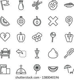 thin line vector icon set - cross vector, electronic thermometer e, concrete mixer, broken heart, flag, move left, slices of onion, peper, Chupa Chups, lollipop, popcorn, strawberries, rose hip, fig