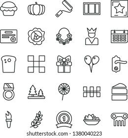 thin line vector icon set - colored air balloons vector, window frame, new roller, door knob, tile, ceramic tiles, Easter cake, piece of, a plate fruit, lollipop, squash, pumpkin, forest, gift, star