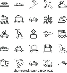 thin line vector icon set - summer stroller vector, sitting, baby toy train, delivery, shipment, sea port, commercial seaport, gas station, eco car, electric, transport, retro, autopilot, limousine
