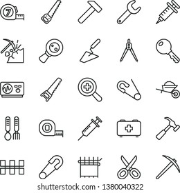 thin line vector icon set - scissors vector, zoom, safety pin, open, bag of a paramedic, iron fork spoons, garden trolley, trowel, hand saw, arm, measuring tape, long meashuring, ceramic tiles, key