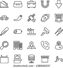 thin line vector icon set - downward direction vector, cradle, mercury thermometer, motor vehicle, paint roller, suitcase, buildings, map, big data server, drawer, sausage, barbecue, sushi, luck