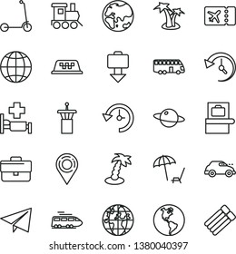 thin line vector icon set - briefcase vector, paper airplane, baby toy train, child Kick scooter, earth, planet, retro car, location, history, bus, taxi, airport tower, baggage scanner, plane ticket