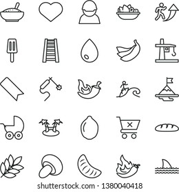 thin line vector icon set - heart symbol vector, bookmark, baby stroller, stepladder, drop, crossed cart, loaf, porcini, a bowl of rice porridge, plate fruit, chili, popsicle, slice tangerine, lime