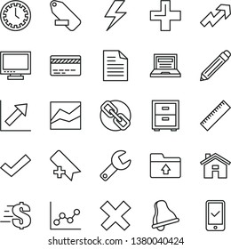 thin line vector icon set - house vector, repair key, lightning, bell, laptop, monitor, clock face, add bookmark, graphite pencil, yardstick, bank card, scribbled paper, spectacles, growth up, plus