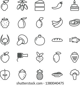 thin line vector icon set - loaf vector, slices of onion, noodles, porcini, piece cake, birthday, bacon, fish, strawberry, pomegranate, quince, red apple, tasty, raspberry, blackberry, loquat, lemon