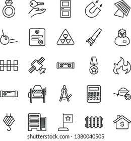 thin line vector icon set - hook vector, garden trolley, concrete mixer, hand saw, interroom door, construction level, building, buildings, ceramic tiles, new radiator, core, nuclear, satellite