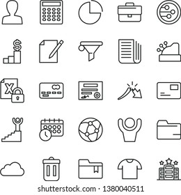 thin line vector icon set - briefcase vector, woman, folder, pie chart, bookmark, pass card, notes, T shirt, water filter, front of the bank, a crisis, newspaper, cashbox, encrypting, network, cloud