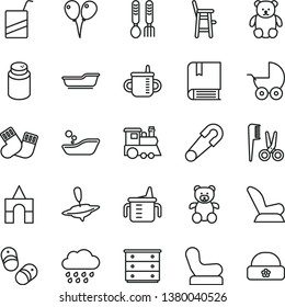 thin line vector icon set - chest of drawers vector, mug for feeding, measuring cup, powder, Baby chair, car child seat, stroller, safety pin, children's bathroom, bath, accessories a hairstyle, e