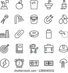 thin line vector icon set - adjustable wrench vector, paint bucket, wooden brush, washbasin, shower, construction helmet, alarm clock, case, clip, move left, Easter cake, with a hole, apricot, book