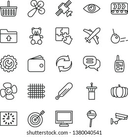 thin line vector icon set - monitor vector, grocery basket, renewal, upload folder, baby rattle, mercury thermometer, toy mobile phone, teddy bear, Puzzles, gear, core, eye, Chupa Chups, pumpkin