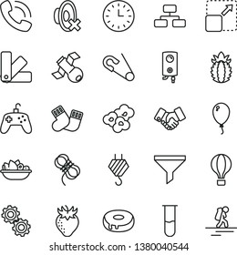 thin line vector icon set - silent mode vector, open pin, warm socks, balloon, hook, color samples, hawser, boiler, flowchart, expand picture, cake with a hole, plate of fruit, popcorn, strawberry