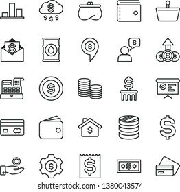 thin line vector icon set - purse vector, oil, shopping basket, reverse side of a bank card, coins, column, chart, denomination the dollar, financial item, catch coin, wallet, cash machine, report
