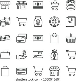 thin line vector icon set - paper bag vector, grocery basket, bank card, cart, put in, with handles, cards, kiosk, coins, stall, shopping, front of the, column, dollar, get a wage, money, dollars