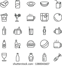 thin line vector icon set - mug for feeding vector, measuring cup, bottle, bath ball, packing of juice with a straw, coffee, burger, plate milk, beans, tea, coffe to go, glass soda, cocktail, can