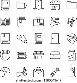 thin line vector icon set - book vector, open pin, e, books, ntrance door, received letter, umbrella, drawer, cardboard box, 24, package, half of coconut, kiosk, stall, get a wage, folder, exit