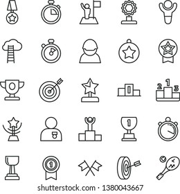 thin line vector icon set - stopwatch vector, pedestal, racer, winner, podium, prize, award, cup, gold, star, reward, man with medal, flag, target, purpose, pennant, cross flags, cloud ladder