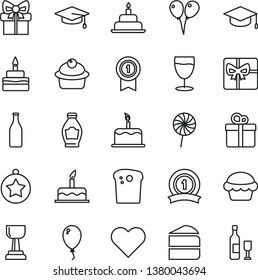 thin line vector icon set - colored air balloons vector, balloon, cake, birthday, heart, gift, square academic hat, Easter, muffin, piece of, lollipop, glass, bottle, giftbox, gold cup, graduate