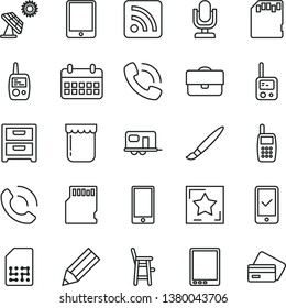 thin line vector icon set - tassel vector, desktop microphone, rss feed, toy phone, mobile, a chair for feeding child, smartphone, nightstand, call, jam, big solar panel, SIM, portfolio, pencil