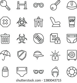 thin line vector icon set - mark of injury vector, spectacles, diaper, nappy, powder, car child seat, winter hat, construction helmet, dust bin, key, umbrella, strongbox, encrypting, glasses, shield