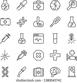 thin line vector icon set - mark of injury vector, first aid kit, plus, electronic thermometer e, bag a paramedic, medical, cardiogram, flask, mercury, outdoor, test tube, dna, brain, pipette, room