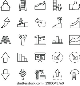 thin line vector icon set - upward direction vector, downward, line chart, positive histogram, crane, tower, hook, stepladder, ladder, left bottom arrow, thumb up, move, right, financial report