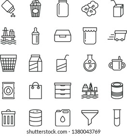 thin line vector icon set - wicker pot vector, bin, storage unit, mug for feeding, measuring bottle, baby powder, e, packing of juice with a straw, drawer, package, tin, popcorn, cup, jam, sea port