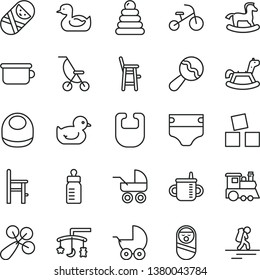 thin line vector icon set - toys over the cradle vector, mug for feeding, bottle, diaper, bib, baby, beanbag, rattle, stroller, carriage, summer, rubber duck, duckling, stacking rings, tumbler