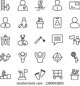 thin line vector icon set - image of thought vector, cargo trolley, footprints, employee, pass card, welding, woman, man, in sight, scientist, winner, arrow up, carrer stairway, hold world, flag