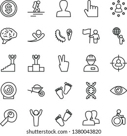 thin line vector icon set - woman vector, women, footprints, children's tracks, workman, garden trolley, index finger, eye, lens, man in sight, dollar, dna, brain, bactery, artifical insimination