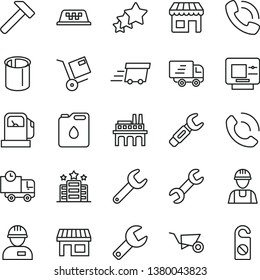 thin line vector icon set - repair key vector, builder, workman, building trolley, hammer, delivery, phone call, shipment, gas station, industrial enterprise, canister of oil, pipes, steel, kiosk