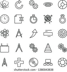 thin line vector icon set - plus vector, minus, clockwise, stacking toy, gear, timer, CD, delete page, plate, accumulator, gears, scribed compasses, Measuring, scheme, ring diagram, wall watch, atom