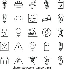 thin line vector icon set - danger of electricity vector, matte light bulb, saving, power socket type b, dangers, charge level, charging battery, solar panel, wind energy, factory, line, pole, idea