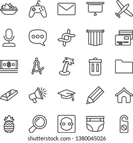 thin line vector icon set - nappy vector, envelope, cards, a plate of fruit, pineapple, power socket, pencil, cash, loudspeaker, speech, folder, trash bin, joystick, zoom, dna, drawing compass