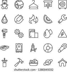thin line vector icon set - repair key vector, danger of electricity, safety pin, teddy bear, hammer with claw, strongbox, hanger, lettuce in a plate, chop, slice water melon, part guava, planet