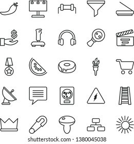 thin line vector icon set - image of thought vector, movie cracker, safety pin, stepladder, flowchart, mushroom, cake with a hole, slice water melon, red pepper, shopping cart, magnifying glass, sun